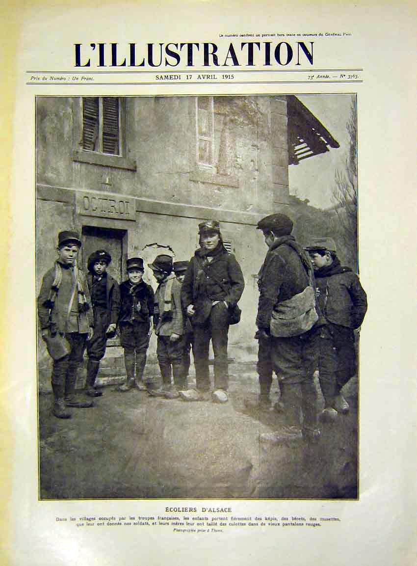 Original Old Antique Print Alsace Children Troops Sier Firemen French 1915 20th
