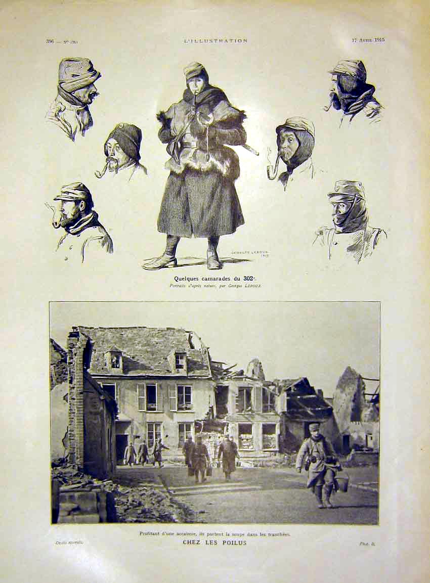 Original Old Antique Print Portrait George Leroux Chez Les Poilus French 1915