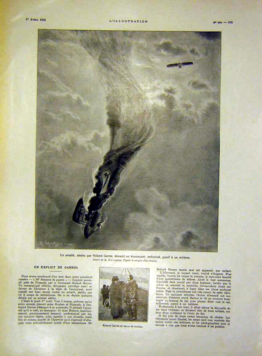 Original Old Antique Print Sketch Aeroplane Roland Garros Battle Sky French 1915