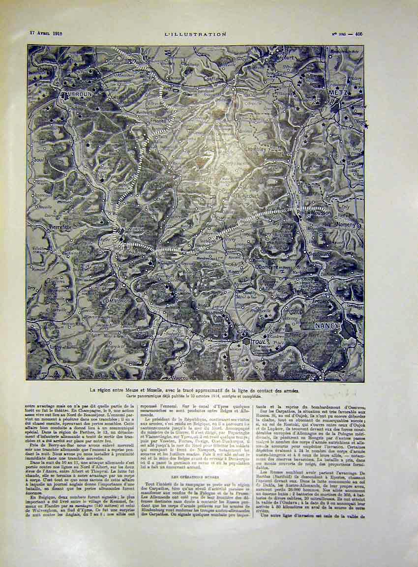 Original Old Antique Print Map Meuse Et Moselle Army Military French 1915 20th