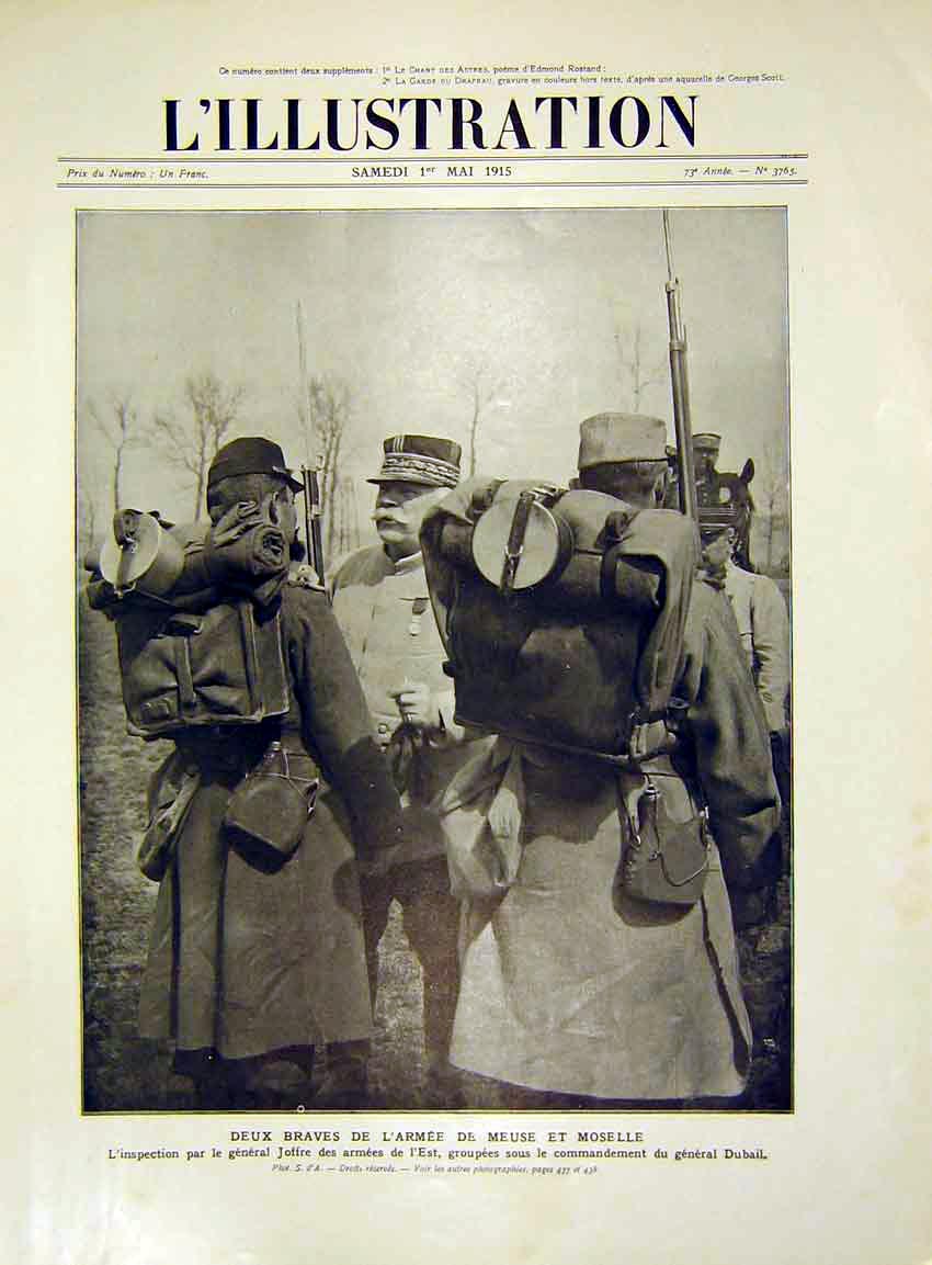 Original Old Antique Print Moselle Officer Joffre Dubail Inspection French 1915