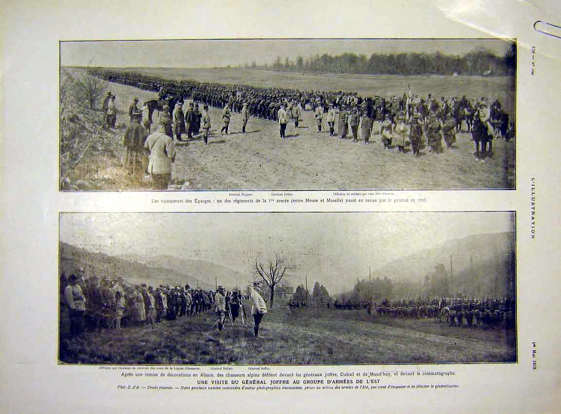 Original Old Antique Print General Joffre Review Troops Army War Infantry 1915
