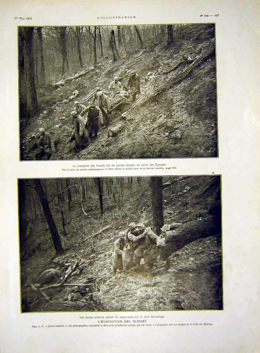 Original Old Antique Print Wounded Siers Evacuation Comrades French 1915 20th