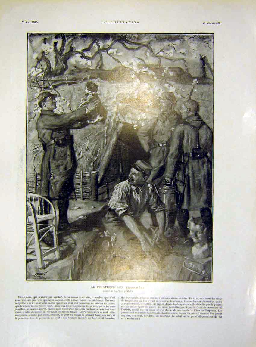 Original Old Antique Print Troops Trench Sier Dog Jonas French 1915 20th Century