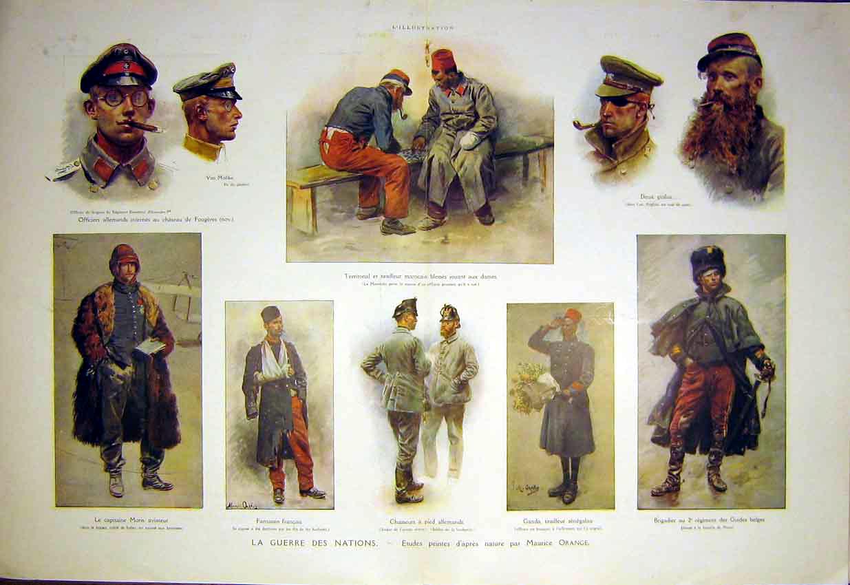 Original Old Antique Print War Orange Troops Siers Pilot Officers French 1915