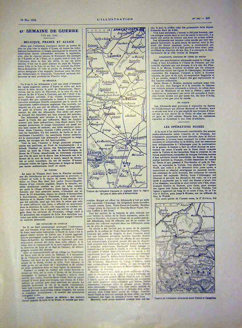 Original Old Antique Print Map War Lens Armentieres Carpathes French 1915 20th