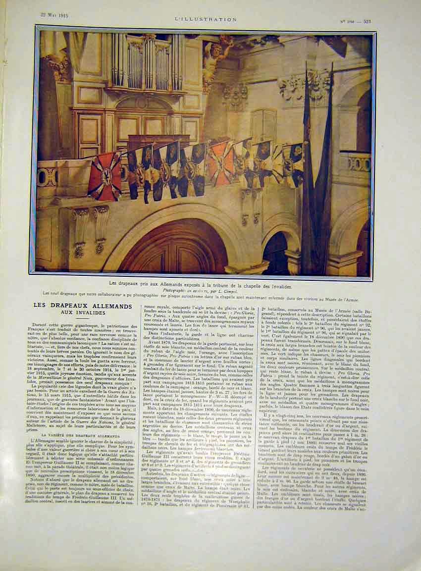 Original Old Antique Print German Flags Wounded Museum Army French 1915 20th