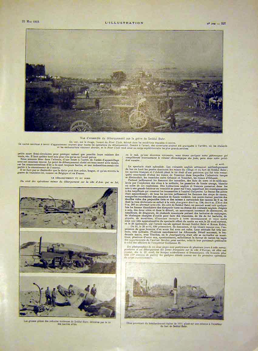 Original Old Antique Print Seddul Bahr Battle Canon Ruins War French 1915 20th