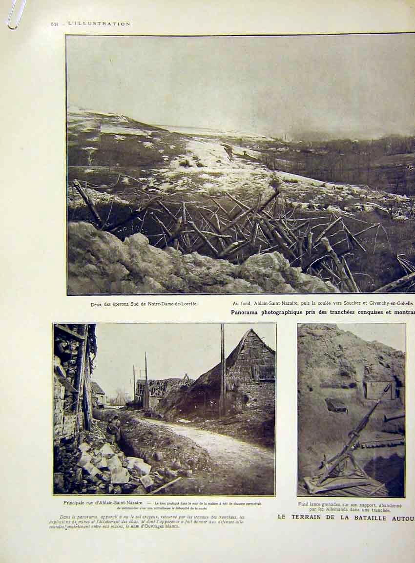 Original Old Antique Print Battlefield War Trench Nazaire Lorette French 1915