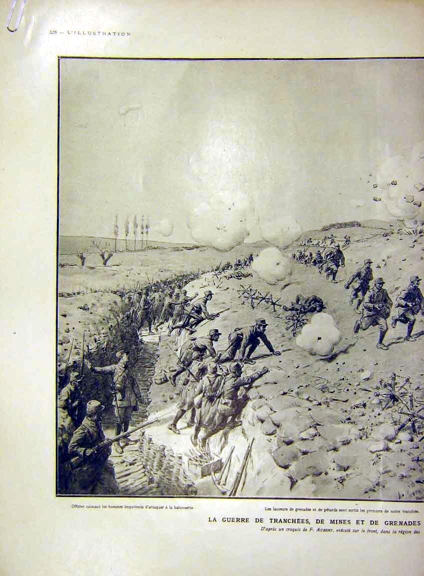 Original Old Antique Print War Trenches Mines Grenades Lorette French 1915 20th