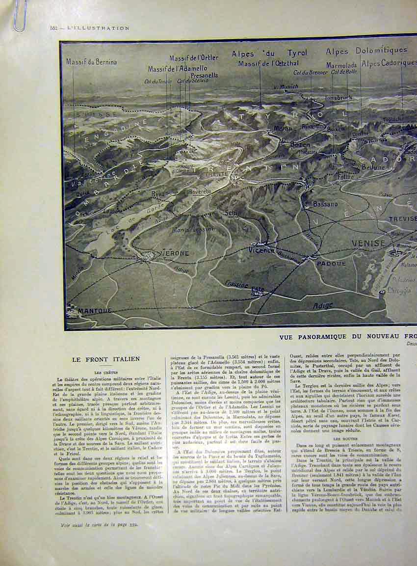 Original Old Antique Print War Swiss Frontier Map Italian Front French 1915