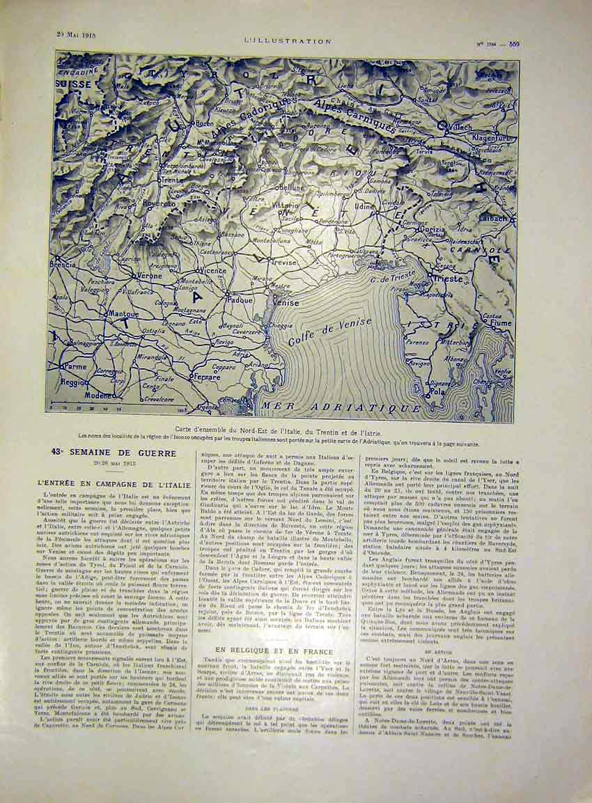 Original Old Antique Print Italy Austria French 1915 Map 20th Century