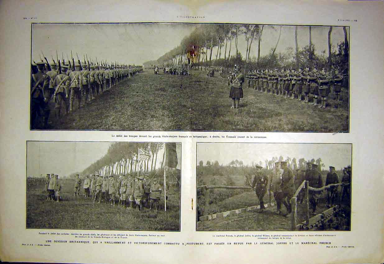 Original Old Antique Print Joffre French General Troops Review British 1915