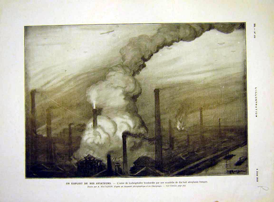 Original Old Antique Print Bomb Ludwigshafen Trentin Garde Italian French 1915