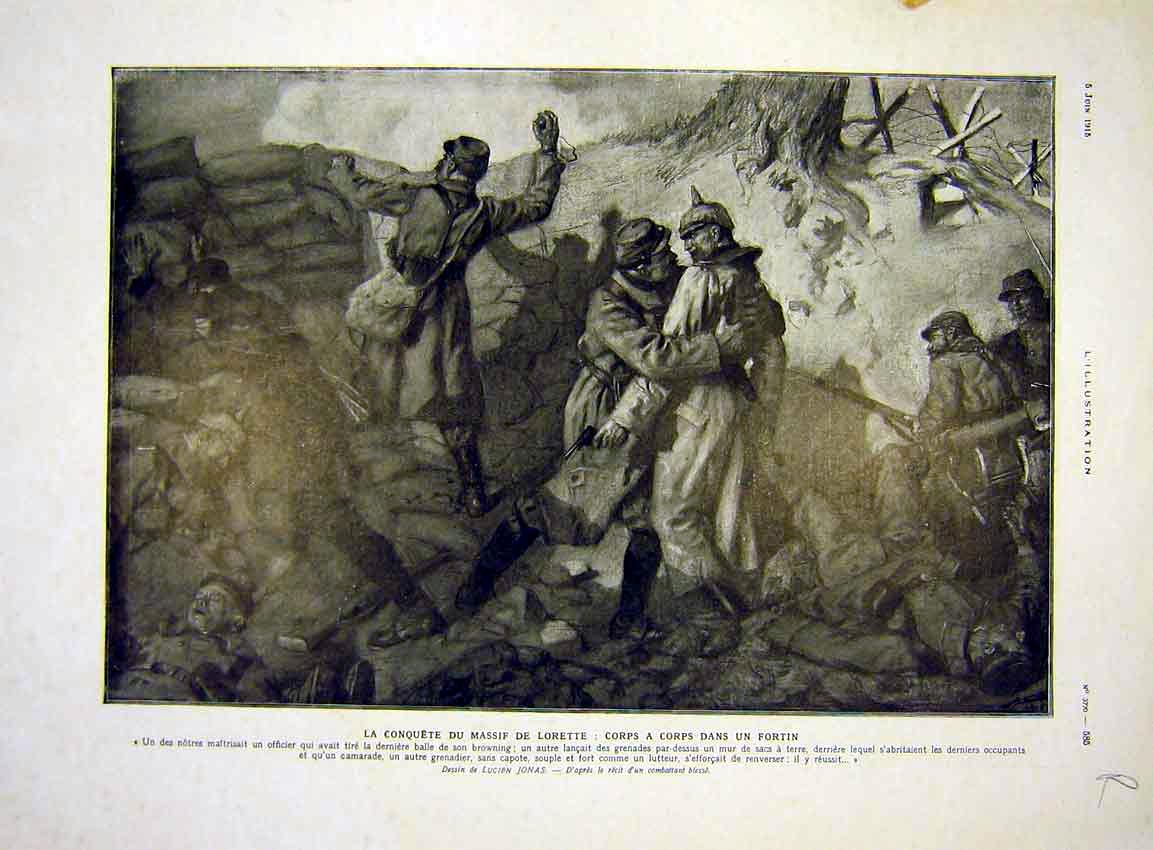 Original Old Antique Print Lorette Battle Troops Trench Millerand Kremlin 1915