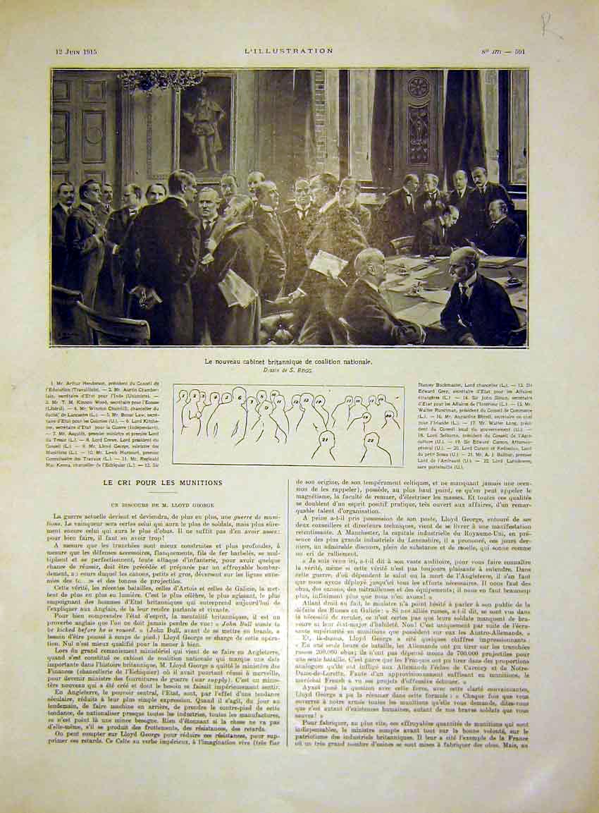 Original Old Antique Print Cabinet British Politics Millerand Joffre Foch 1915