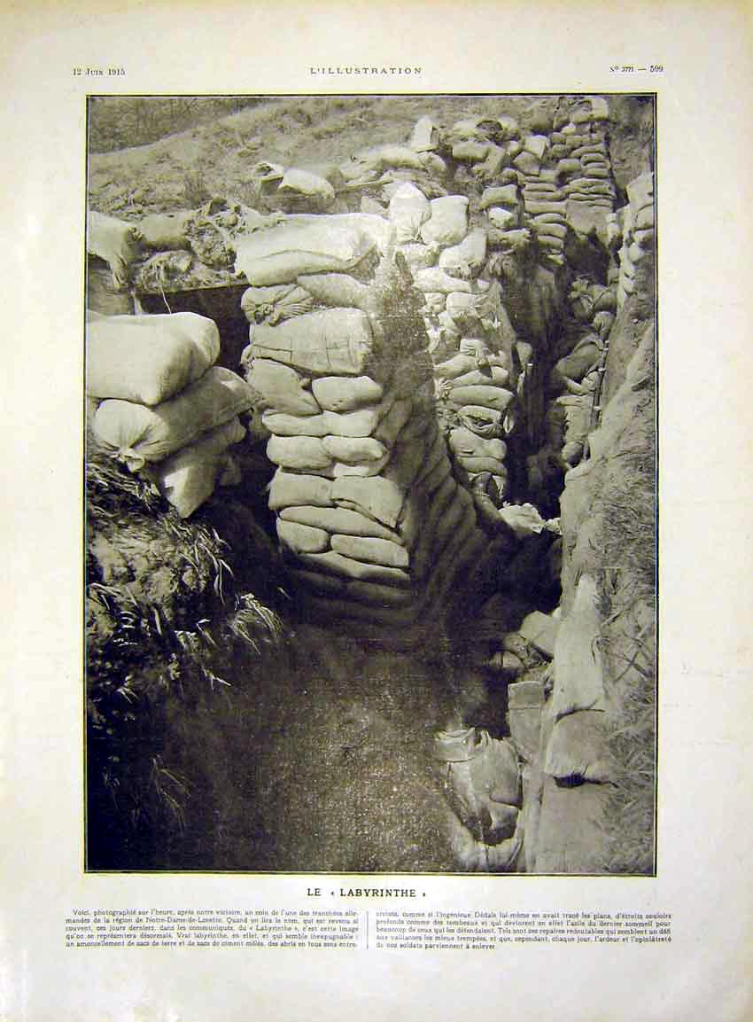 Original Old Antique Print Trench Troops Labyrinthe Sier War French 1915 20th