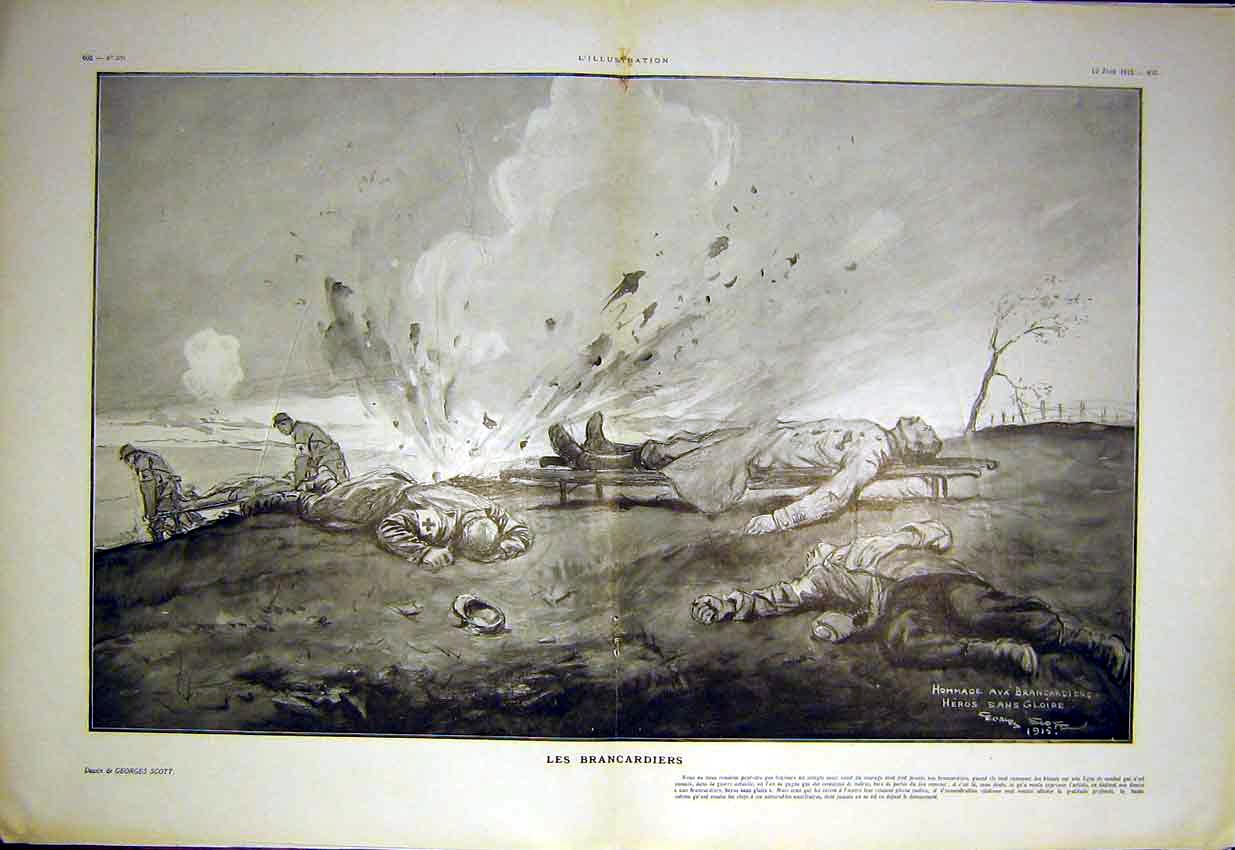 Old Antique Print Scott Ambulance First Aid Hospiptal Men War French 1915 20th