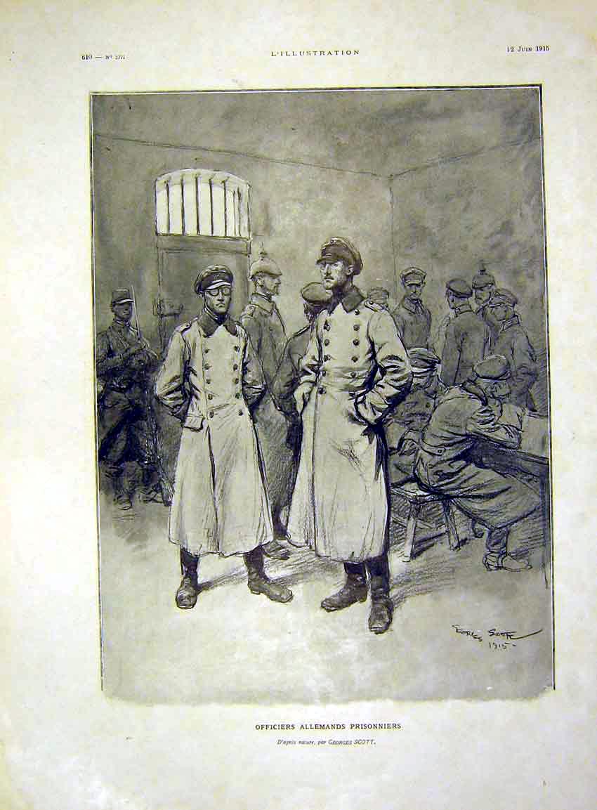 Original Old Antique Print Officers Allemands Prisoner Scott French 1915 20th