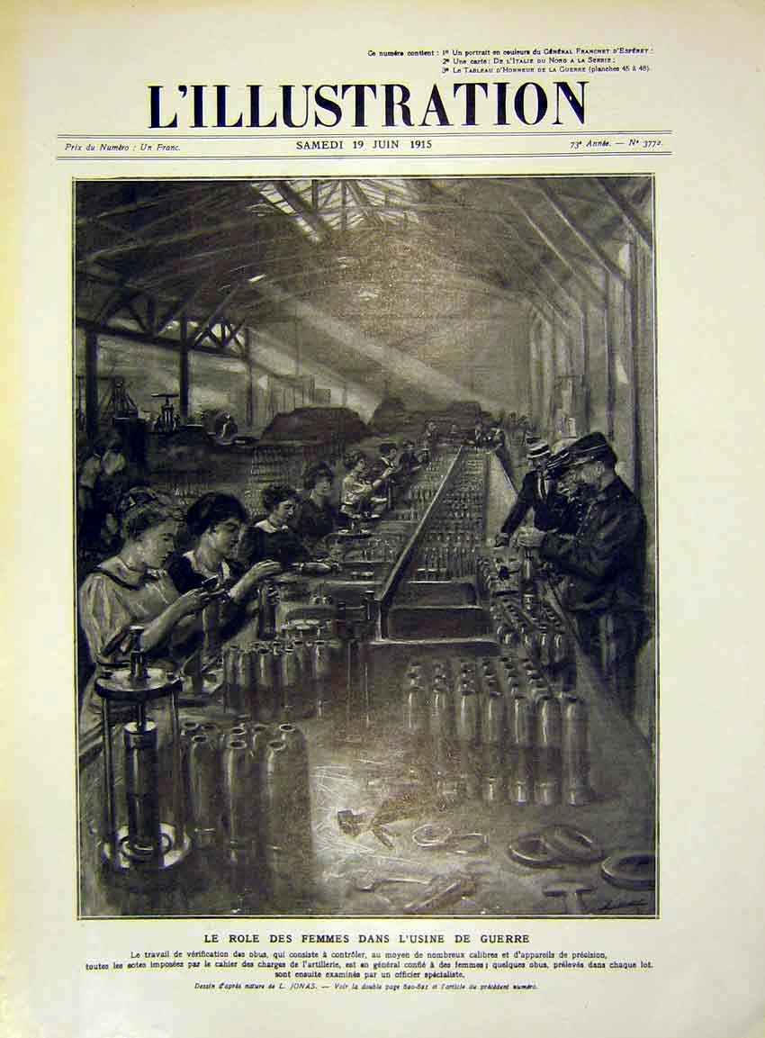 Original Old Antique Print Female Workers Amunition Factory Shells French 1915