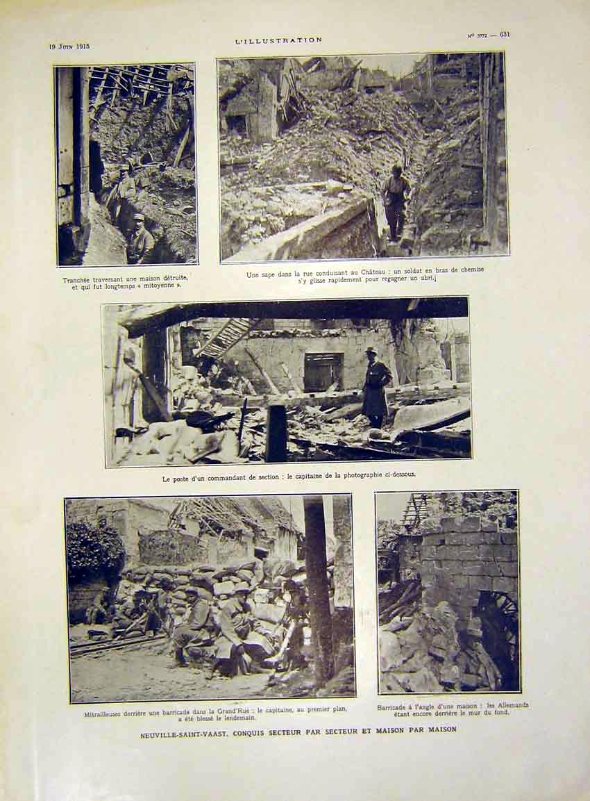 Old Antique Print Troops Ruins Bombs Explosion Neunille-Saint-Vaast 1915 20th
