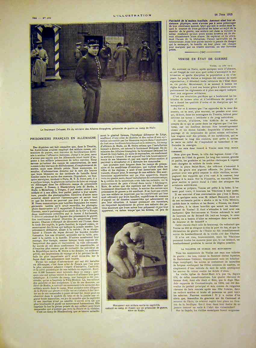 Original Old Antique Print Delcasse War French Prisoners Monument Siers 1915