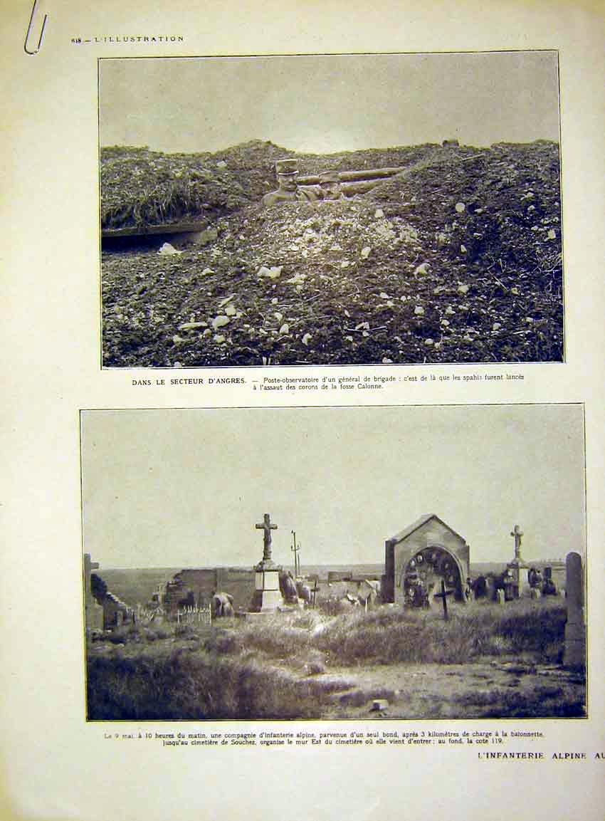 Old Antique Print Infantry Alpine Calonne Cemetery Neuville French 1915 20th