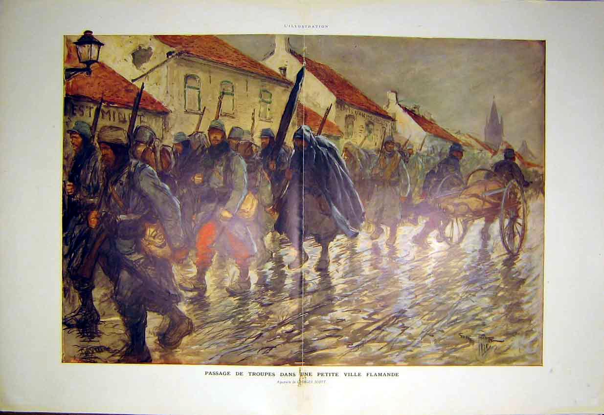 Original Old Antique Print Troops Flamande Scott War Siers Scott French 1915