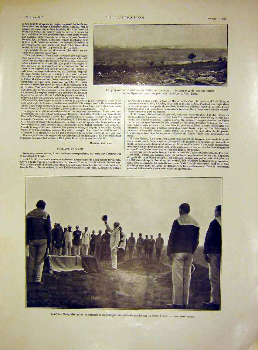 Original Old Antique Print Artillery War Guepratte Funeral Sier French 1915 20th