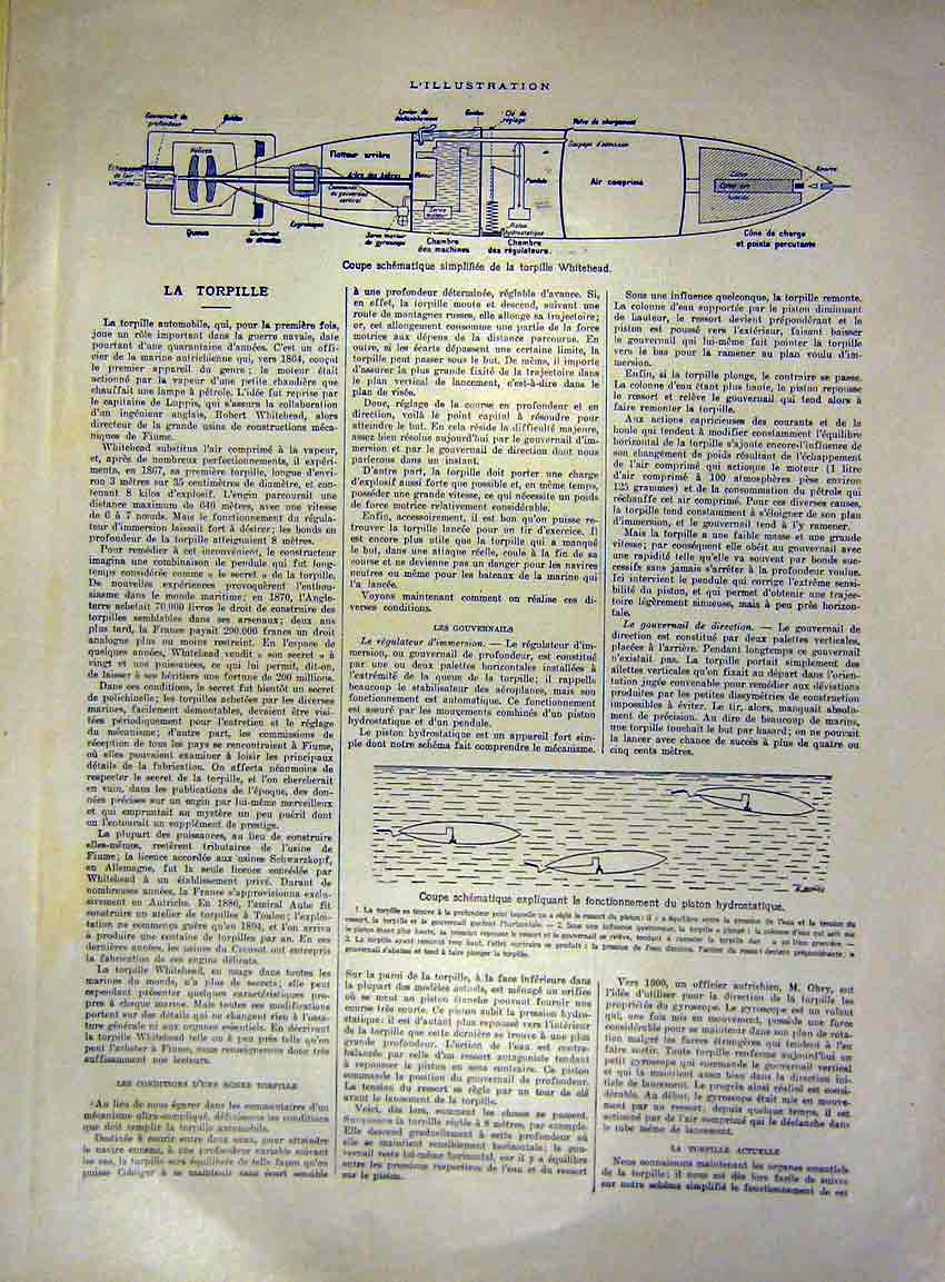 Original Old Antique Print Submarine Plan Map Torpedo Drawing French 1915 20th
