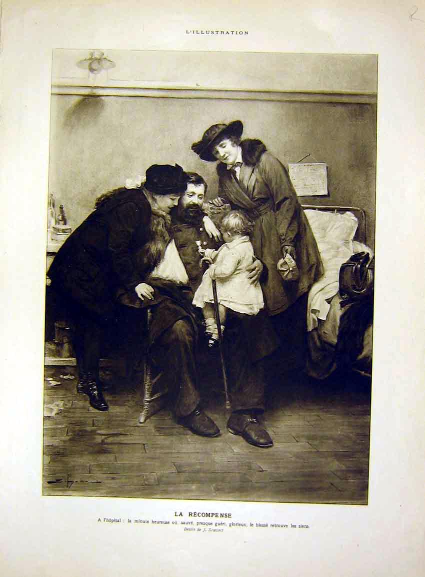 Original Old Antique Print Hospital Wounded Sier Guard Artillery French 1915