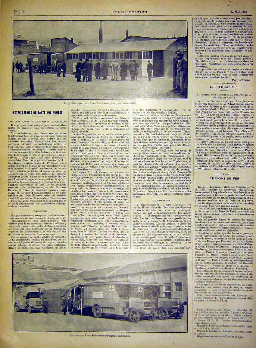 Original Old Antique Print Ambulance Corps Automobile Army Military French 1915