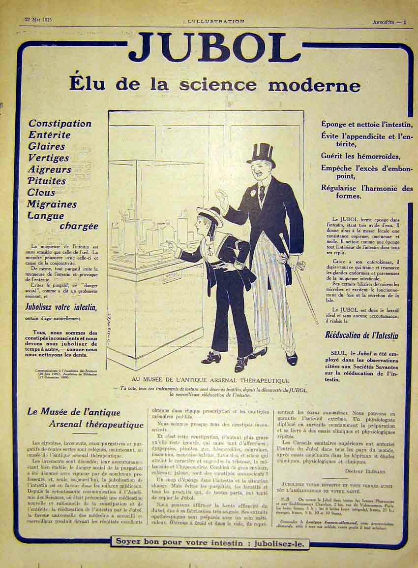 Original Old Antique Print Advert Jubol Constipation Medicine French 1915 20th