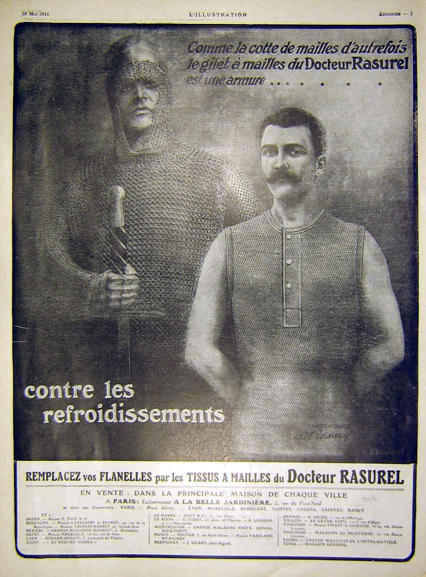 Original Old Antique Print Advert Chain Mail Docotr Rasurel French 1915 20th