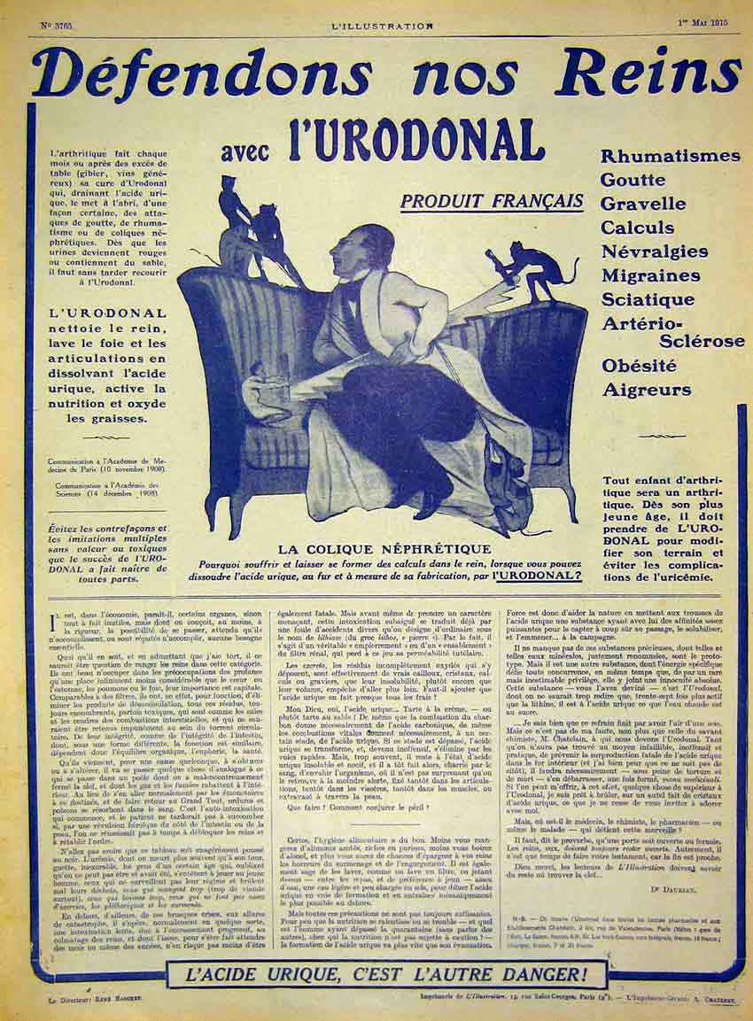 Original Old Antique Print Advertisement L'Urodonal Colic Medicine French 1915