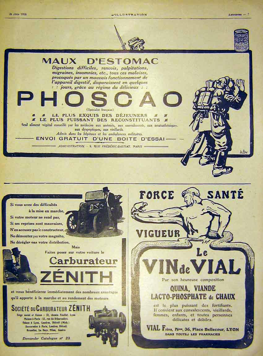 Original Old Antique Print Advert Phoscao Zenith Carburator Vial French 1915