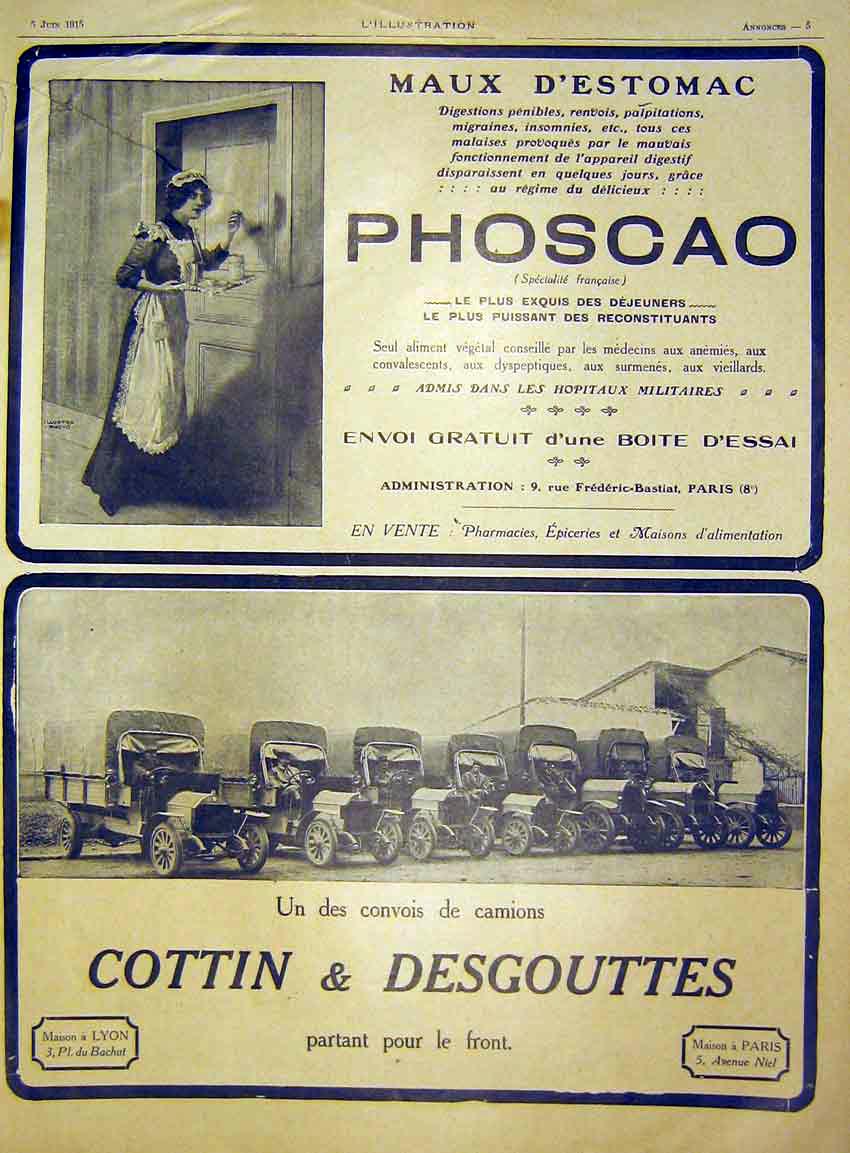 Old Antique Print Advert Phoscao Cottin Desgouttes Automobile French 1915 20th