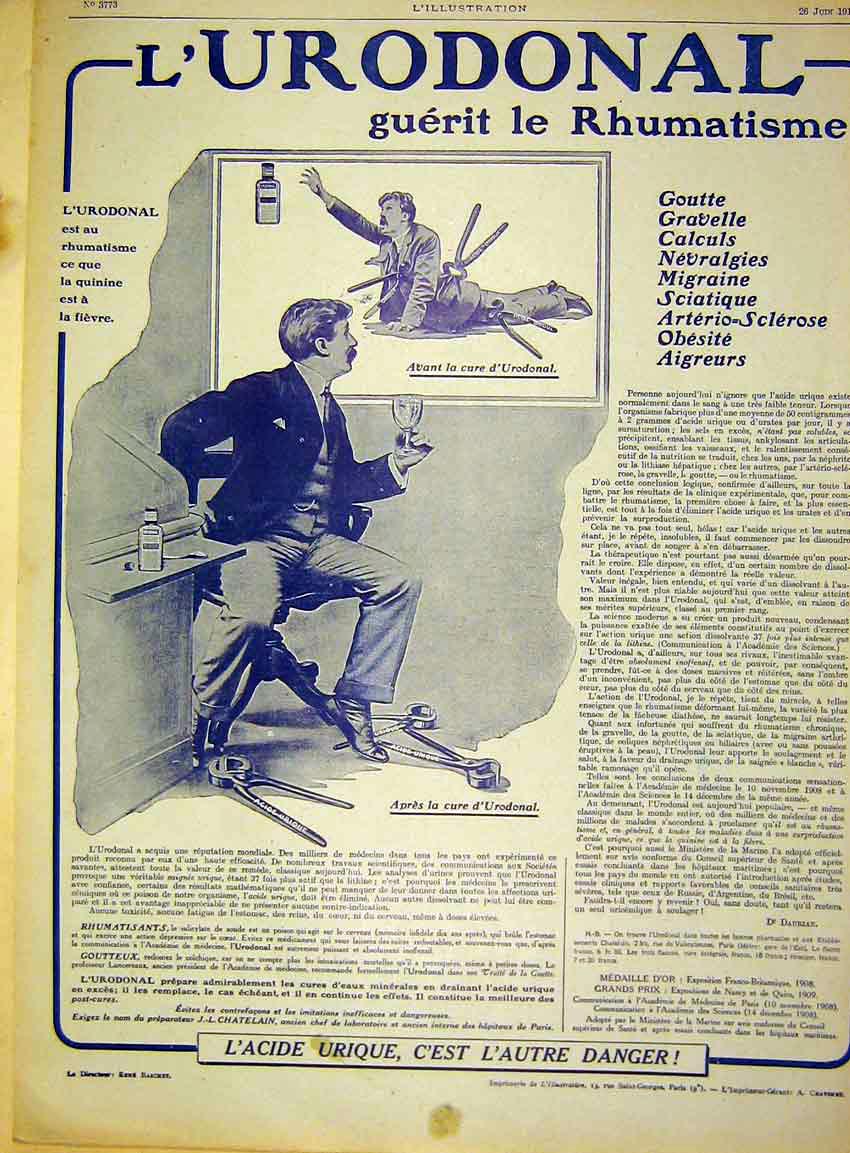 Original Old Antique Print Advert L'Urodonal Rhumatism Medicine French 1915 20th