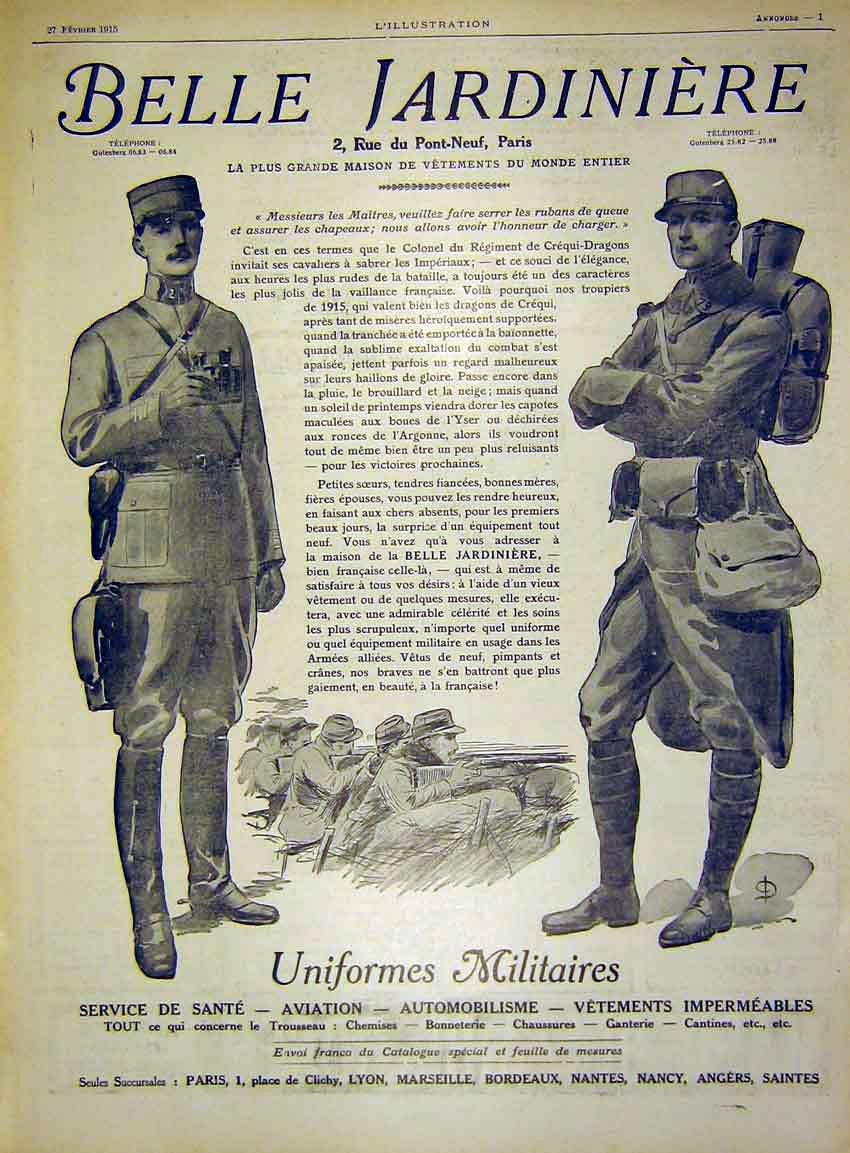 Original Old Antique Print Advert Fashion Military Uniforms French 1915 20th