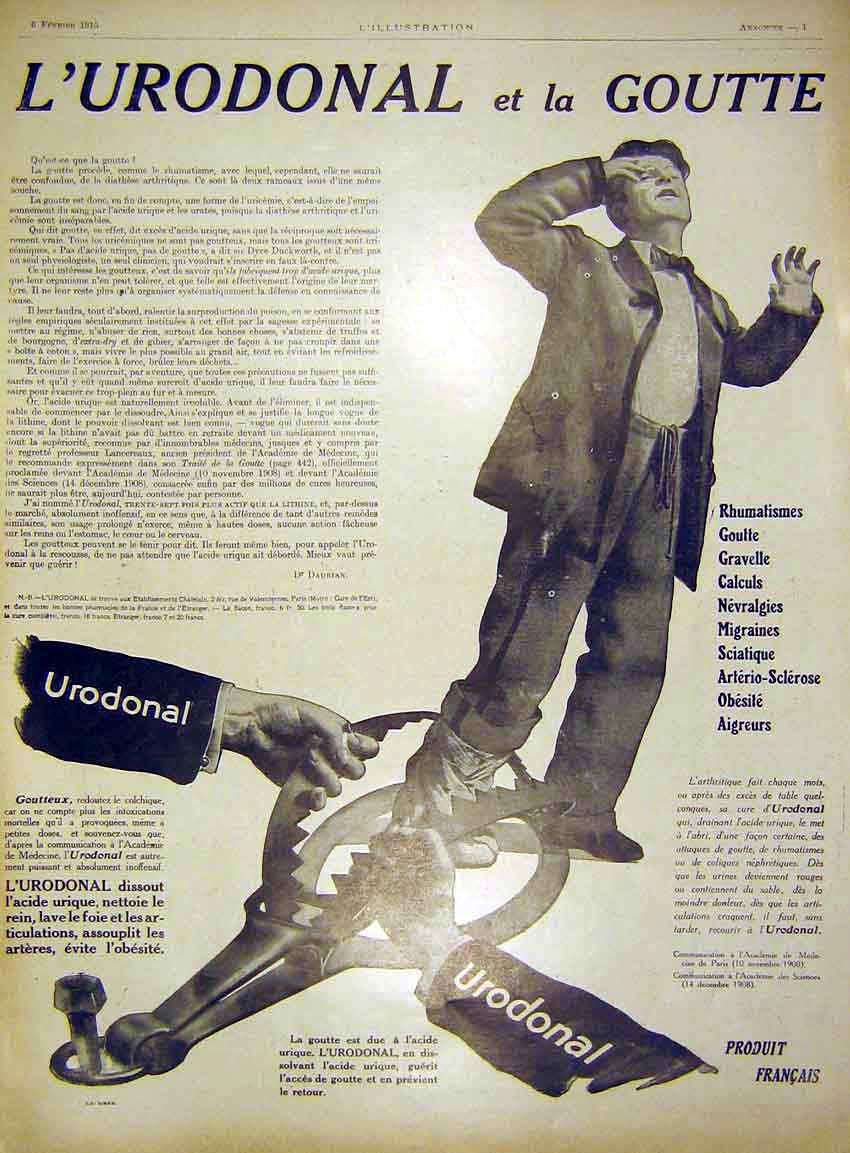 Original Old Antique Print Advert L'Urodonal Goutte Medicine French 1915 20th