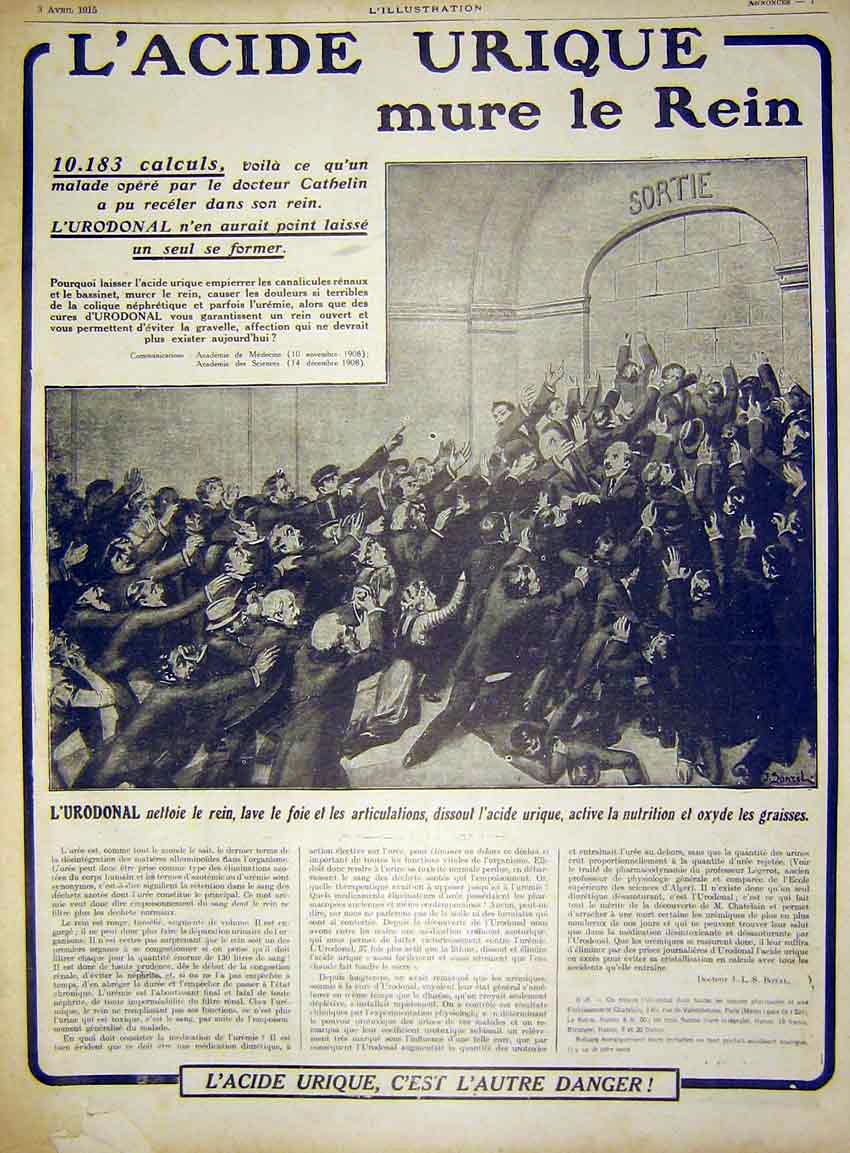 Original Old Antique Print Advert L'Acide Urique L'Urodonal French 1915 20th