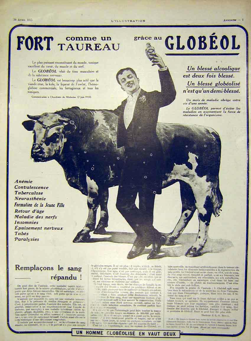 Original Old Antique Print Advert Globeol Tonic French 1915 20th Century