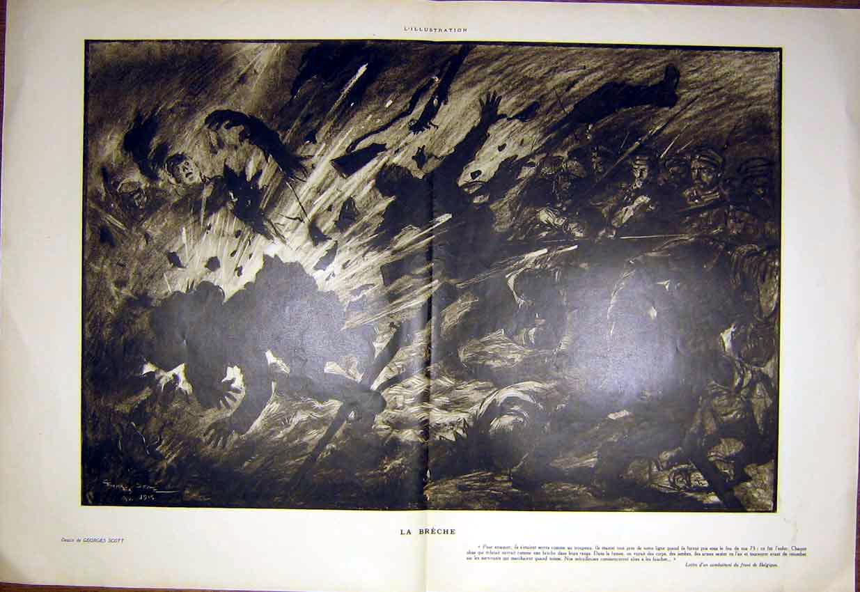 Original Old Antique Print La Breche Explosion Aeroplane Troops War French 1915