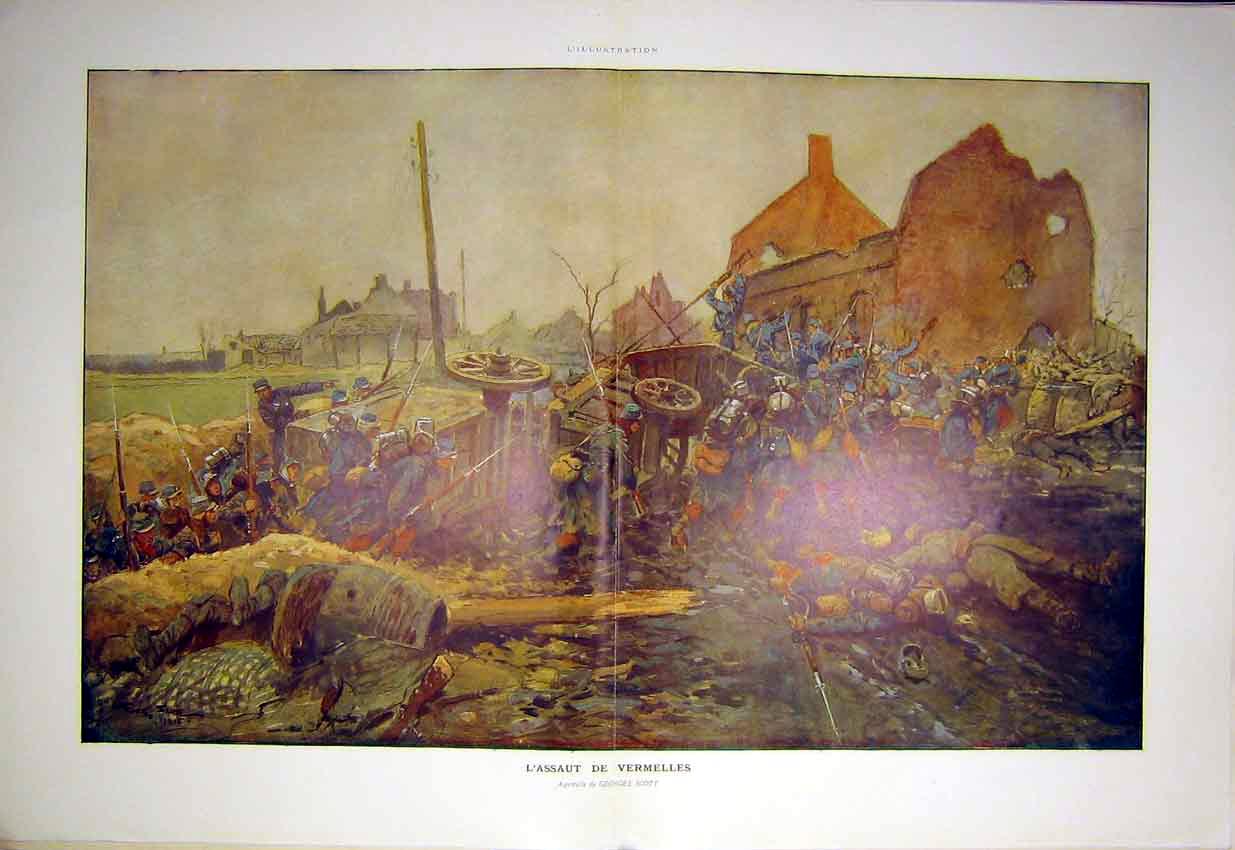 Original Old Antique Print Battle Vermelles Scott French 1915 War 20th Century