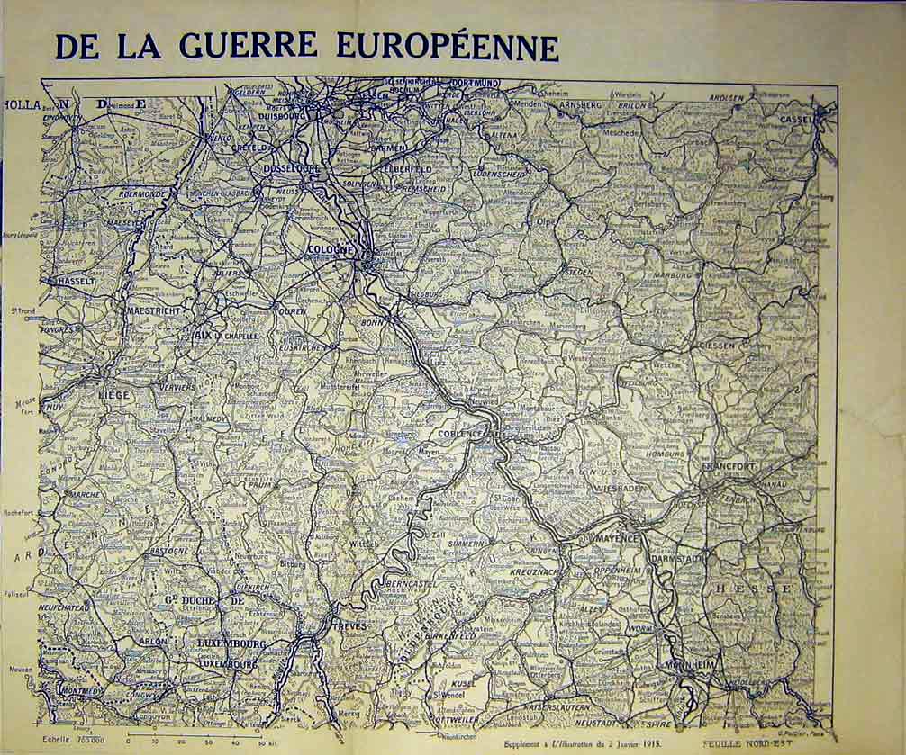 Original Old Antique Print Map War European Germany France French 1915 20th