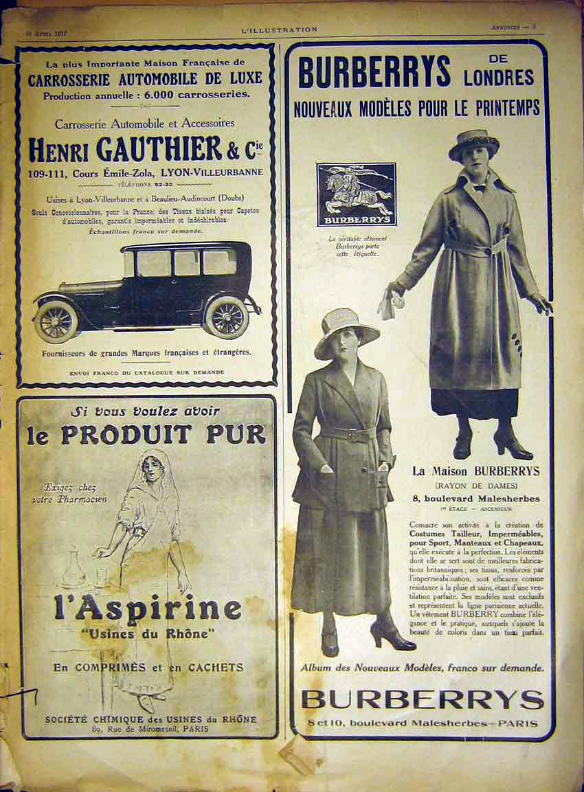 Original Old Vintage Print Advert Burberry'S Clothing Gauthier Automobile 1917