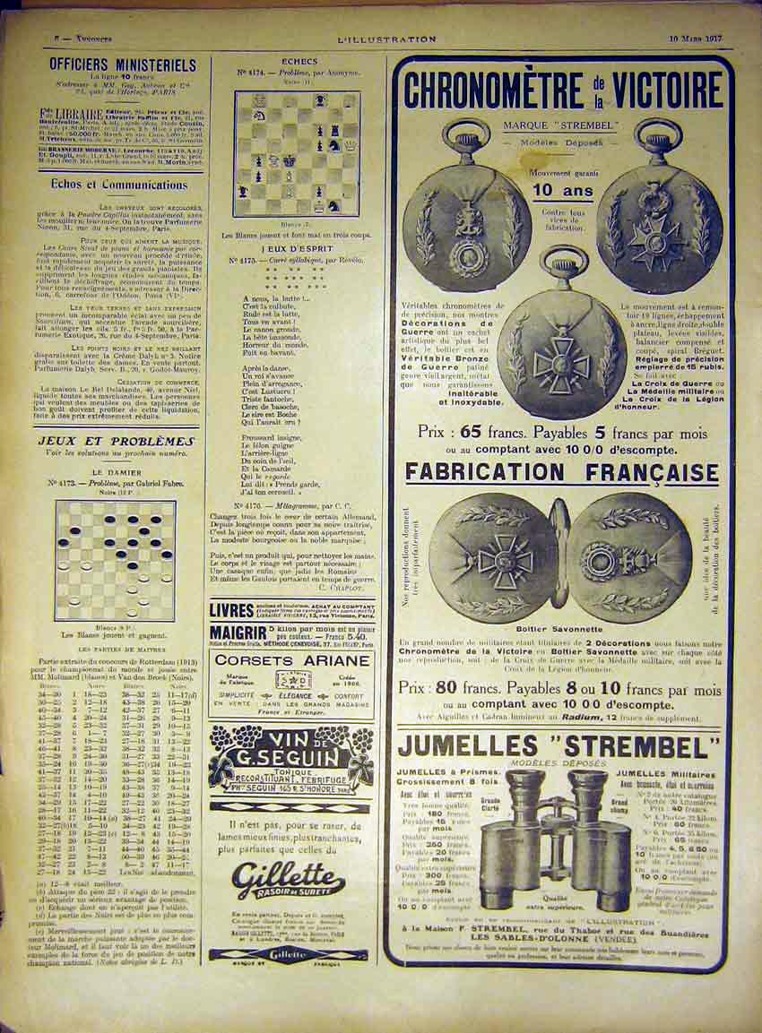 Old Vintage Print Advert Watch Medal French Chess Binoculars France 1917 20th
