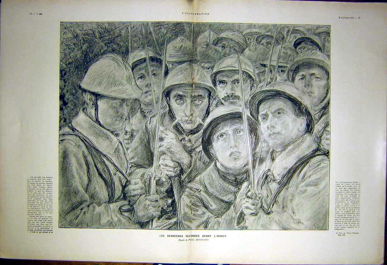 Original Old Vintage Print Sketch Renouard Troops Faces Men French 1917 20th