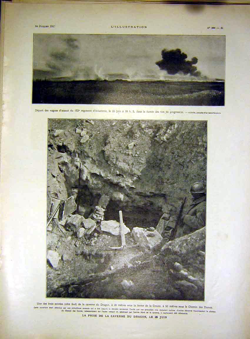 Original Old Vintage Print Dragon Cave Trench War Dames Military French 1917
