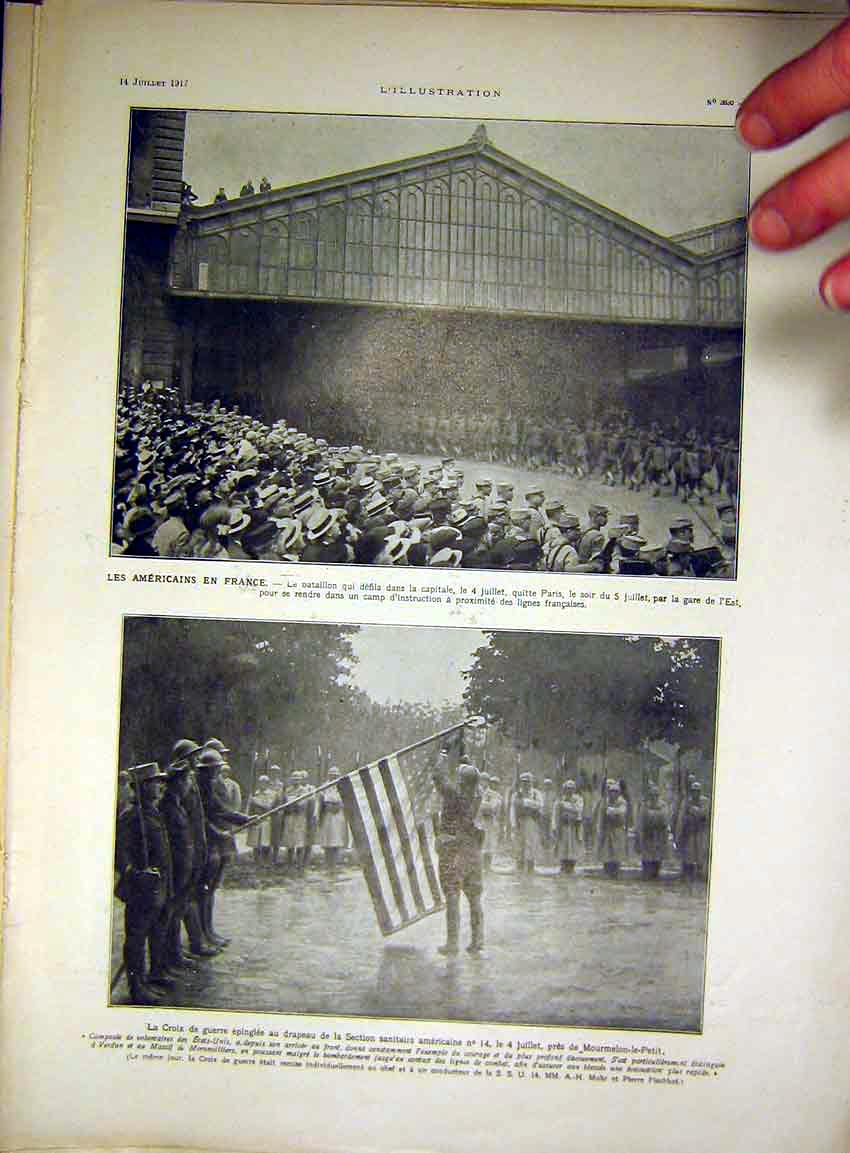 Original Old Vintage Print American Troops France War Flag French 1917 20th